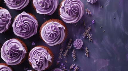 Beautiful Lavender Cupcakes on Purple Background, Delicious Homemade Desserts for Top View Presentation