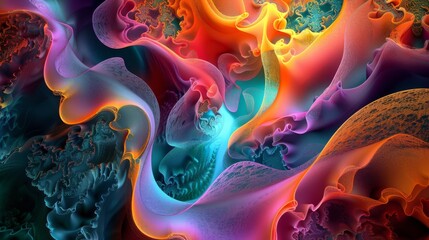 Chaotic colorful fantasy fractal pattern in an abstract 3D rendering for backgrounds or wallpapers - obrazy, fototapety, plakaty
