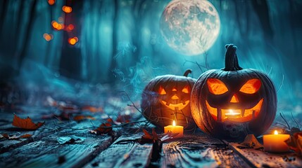 halloween pumpkin head jack lantern with burning candles spooky forest with a full moon and wooden table pumpkins in graveyard in the spooky night halloween backdrop ai generative 