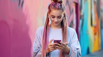 Teenage girl with pink braided hair and a colorful beanie, focused on her smartphone, standing...
