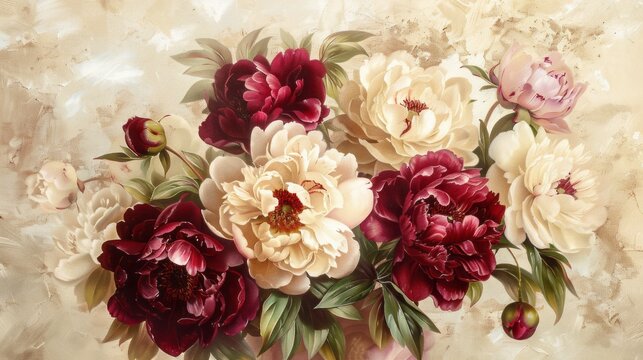 Beautiful peonies flowers bouquet burgundy and cream colors, printable square oil painting, barouque style