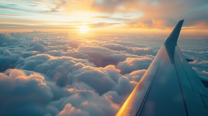 Beautiful sunset above the clouds. Aerial view. Nature background of sky. Cloudy landscape from the window of an airplane. Sunrise. Sun goes into the clouds