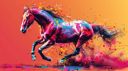 A dynamic abstract artwork showcasing the movement of a horse set amidst a bold and eye-catching...