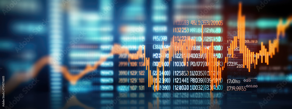 Poster close-up of a digital screen displaying financial stock market data with graphs and analytics, illus