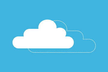 Cloud vector icon set white color on blue background. Flat cloud illustration with dashed line cloud icon isolated on blue sky background.