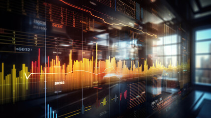 Close-up of a digital screen displaying financial stock market data with graphs and analytics, illustrating market trends and investment analysis.