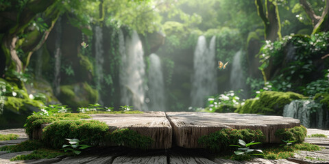 Mystical Waterfall Oasis with Lush Greenery and Moss-Covered Wooden Platform. Platform podium product presentation backdrop. Generative AI.