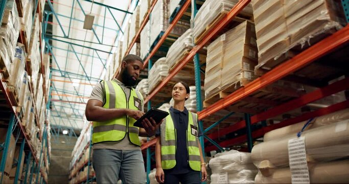 People, logistics and checking inventory with tablet for supply chain or management at warehouse. Man, woman or team looking at storage, parcel or packages with technology for stock or checklist