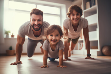 Joyful family exercises together, with a little girl leading push-ups and smiling