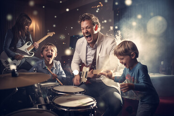 Joyful family plays music together with drums, guitar, and joyous expressions