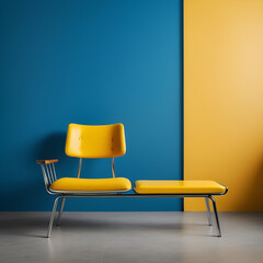 A vibrant yellow mid-century modern chair with a matching ottoman set against a contrasting blue...