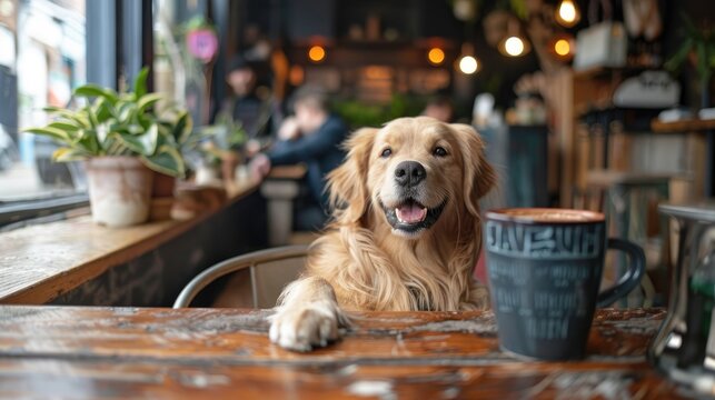 Cheerful golden retriever sitting at a coffee shop table, a friendly companion in a cozy cafe setting.