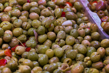 Bowls of olives for sale in the market
