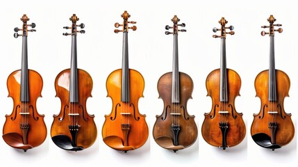 Fototapeta na wymiar A harmonious display of six violins, each with a distinct wood finish, against a serene white backdrop.