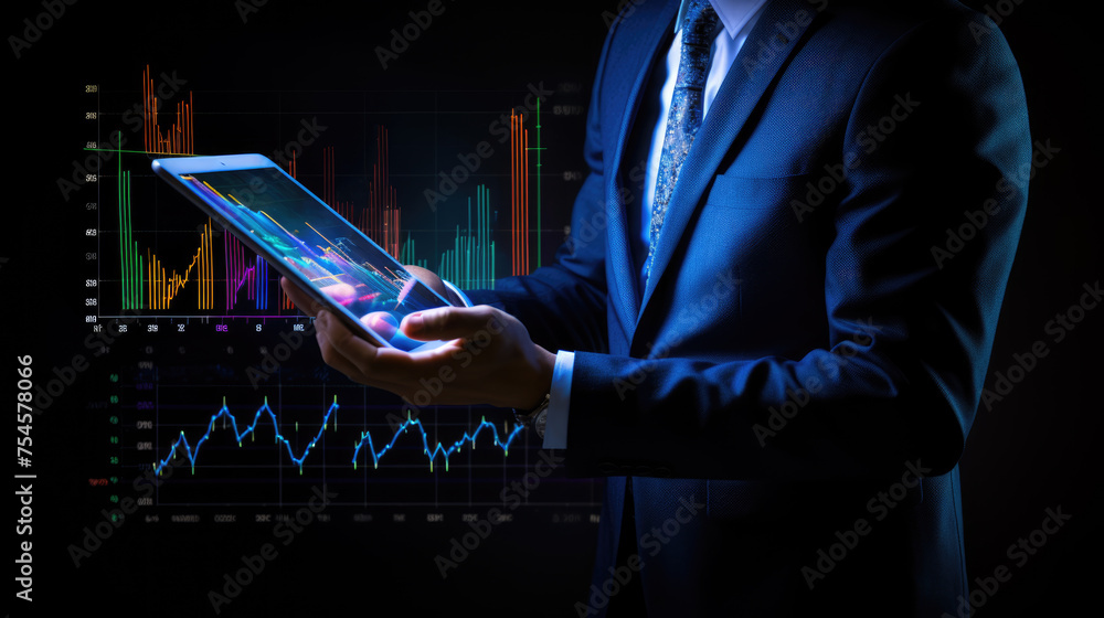 Poster businessman or trader holding tablet with graphs and charts against black background