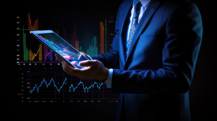 Businessman or trader holding tablet with graphs and charts against black background