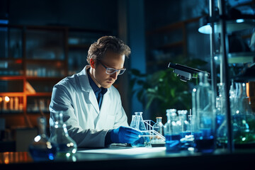 Focused scientist in a lab coat analyzing samples under blue light - obrazy, fototapety, plakaty