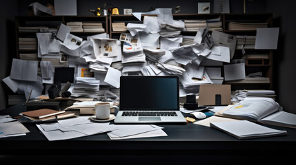 Laptop sits on a desk surrounded by towering stacks of papers and documents