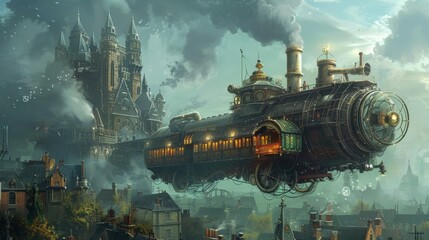 Create images of fantastical steampunk machines blending Victorian aesthetics with futuristic technology, such as a steam-powered flying ship or a clockwork city.  - obrazy, fototapety, plakaty