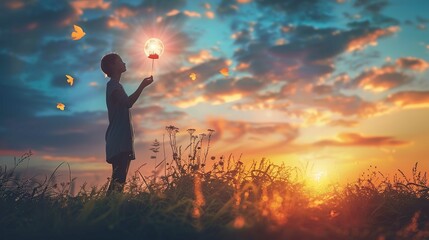 A person stands in a field during sunset, holding up a dandelion that is illuminated by the sunlight, appearing to glow. The sunlight streams through the dandelion, creating a magical atmosphere. Arou - obrazy, fototapety, plakaty