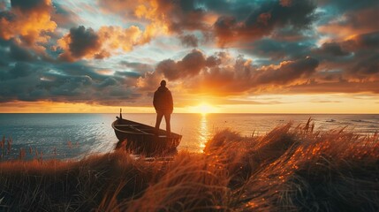 A person stands at the edge of a beach, facing a vibrant sunset over the ocean. The sun casts a warm, golden glow across the rippling water, creating a path of light leading to the horizon. A boat res - obrazy, fototapety, plakaty