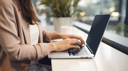 Fototapeta premium Woman is working on a laptop at a wooden desk in the office