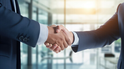 Two businessmen in suits are shaking hands in a formal office setting, symbolizing a deal or agreement.