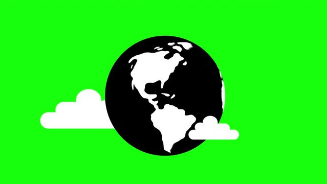 Flat design of spinning Earth isolated on green screen. Black and White Color Symbolic Planet Earth Animation with Clouds. Looped world planet with hand drawn doodle world map texture.