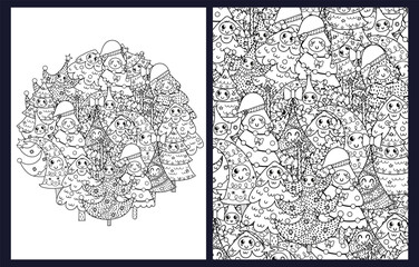 Happy Christmas trees coloring pages set. Black and white doodle winter templates bundle. Whimsical outline background. Vector illustration