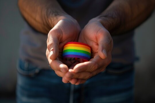 A man is holding a rainbow bracelet in his hand. The bracelet is made of colorful strings. International Day Against Homophobia, Transphobia and Biphobia