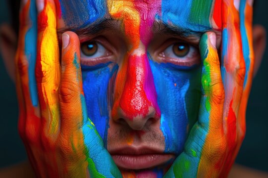 A man with colorful face paint is looking down. International Day Against Homophobia, Transphobia and Biphobia. The painting is a form of self expression
