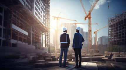 Construction workers wearing hard hats and safety vests are standing at a construction site with cranes and scaffolding, observing the work in progress.