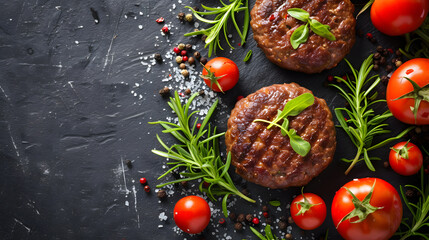 burger patty with rosemary and tomatoes, generative ai