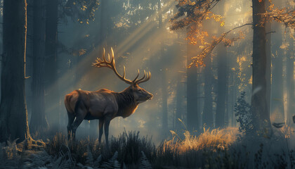 An elk stands in a sunlit forest, bathed in the warm golden rays of a misty morning