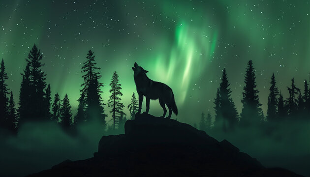 A wolf howls atop a rock against the mystical backdrop of the aurora borealis in a star-filled night sky above the forest