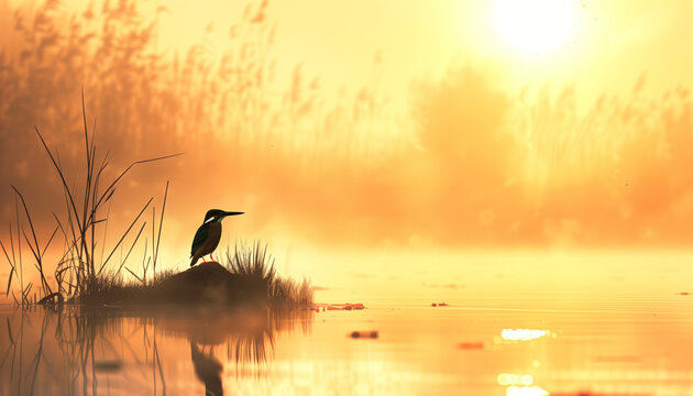 at dawn, a solitary bird stands by the water amid the reeds, with the golden glow of sunrise reflecting off the calm surface