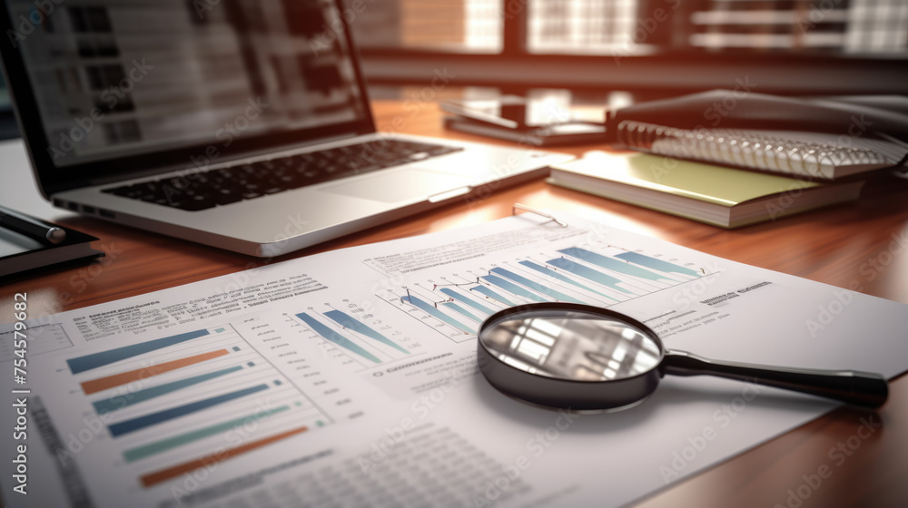 Poster printed business documents with colorful charts and graphs being analyzed through a magnifying glass