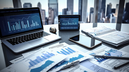 Office workspace with a laptop displaying graphs on the screen, documents with charts and analysis