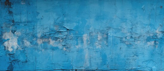 Obraz premium The photograph depicts an old concrete wall painted in shades of blue, with noticeable signs of peeling paint, cracks, and mold.