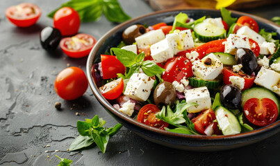 vibrant Greek salad with feta cheese, tomatoes, and olives on a blue background