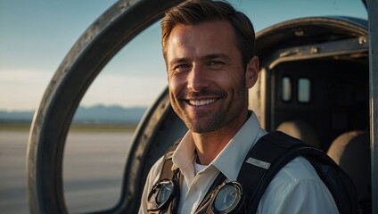 A very handsome 35-year-old airplane pilot poses smilingly