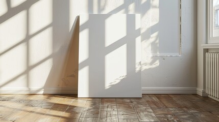 blank art canvas mockup on the laminate floor against the white wall 