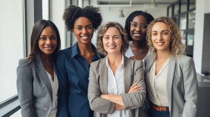 Group of four businesswomen are smiling confidently, standing together in business attire, representing diversity and empowerment in a corporate setting.