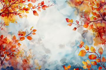 Abstract autumn watercolor art. Bright warm colors, fall leaves, trees, sky,clouds. Frame, background for text
