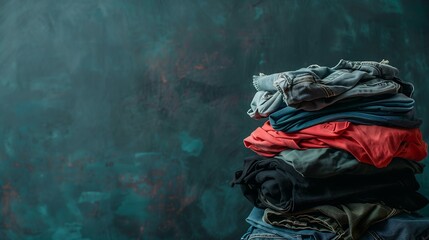 a pile of used clothes with copy space