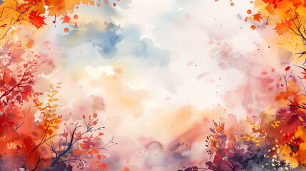 Obraz na płótnie Canvas Abstract autumn watercolor art. Bright warm colors, fall leaves, trees, sky, clouds. Frame, background for text