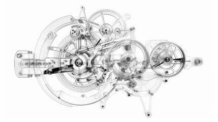 Clock mechanism showcased in a wire-frame render isolated on white