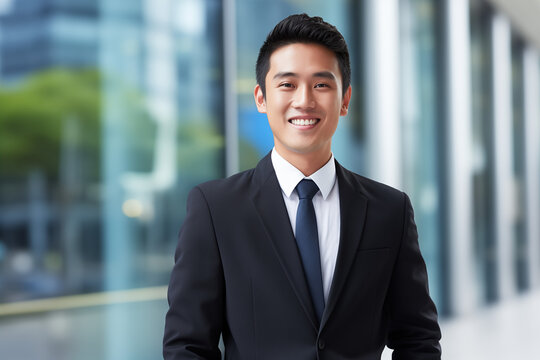 Smiling asian businessman in suit. Man in work clothes. Rich man. Business boss. Boss of a start-up. Asian man. Chinese man. Japanese man. AI.

