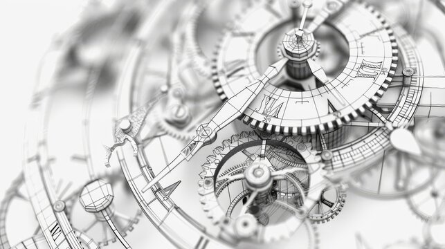 Clock mechanism showcased in a wire-frame render isolated on white