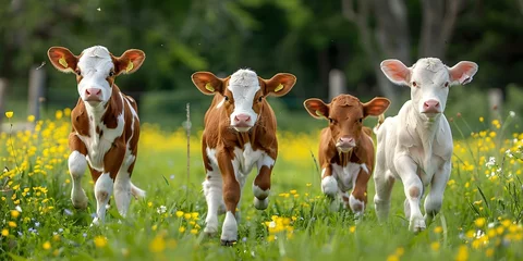 Fotobehang Capturing the Playful Energy of Meadow Calves Frolicking. Concept Nature, Animals, Photography, Joyful Moments, Wildlife © Anastasiia